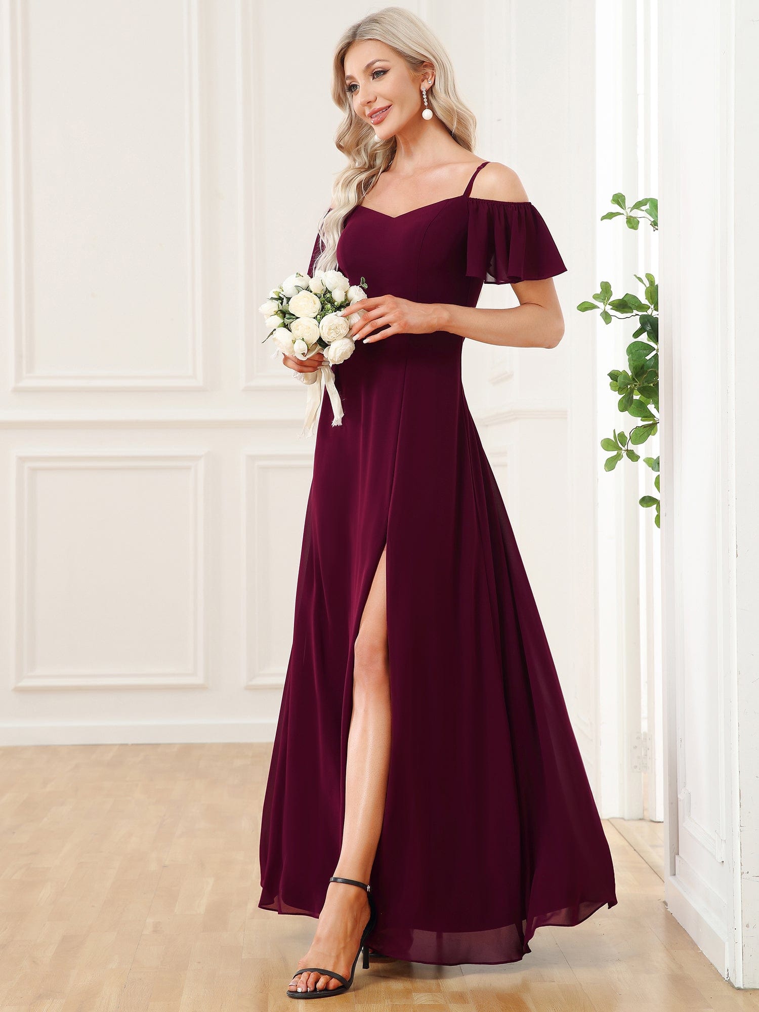 Custom Size Cold-Shoulder Floor Length Bridesmaid Dress with Side Slit #color_Mulberry