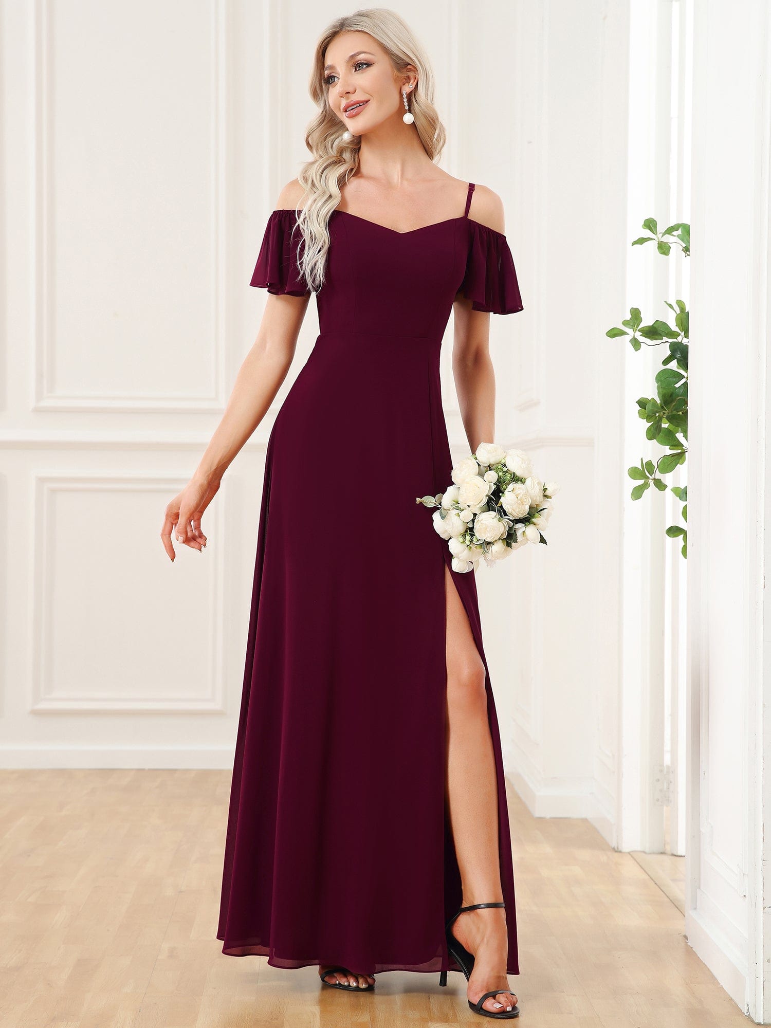 Custom Size Cold-Shoulder Floor Length Bridesmaid Dress with Side Slit #color_Mulberry
