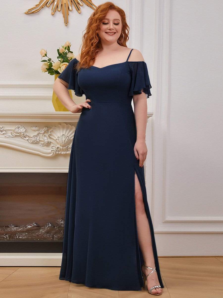 Stylish Cold-Shoulder Split Floor Length Wedding Guest Dress #color_Navy Blue