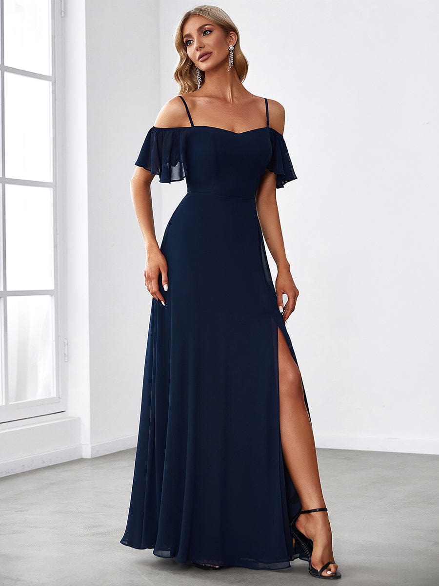 Custom Size Cold-Shoulder Floor Length Bridesmaid Dress with Side Slit #color_Navy Blue