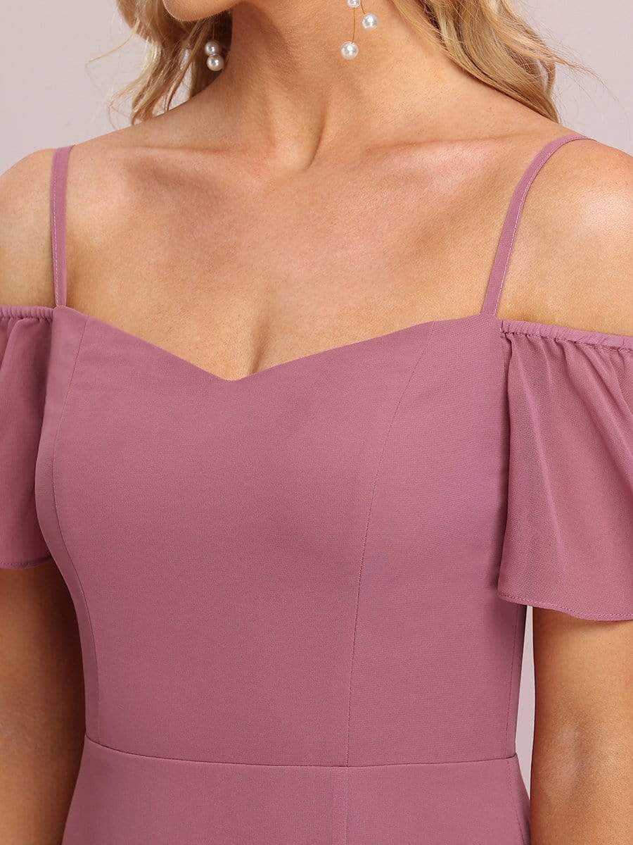 Stylish Cold-Shoulder Split Floor Length Wedding Guest Dress #color_Purple Orchid