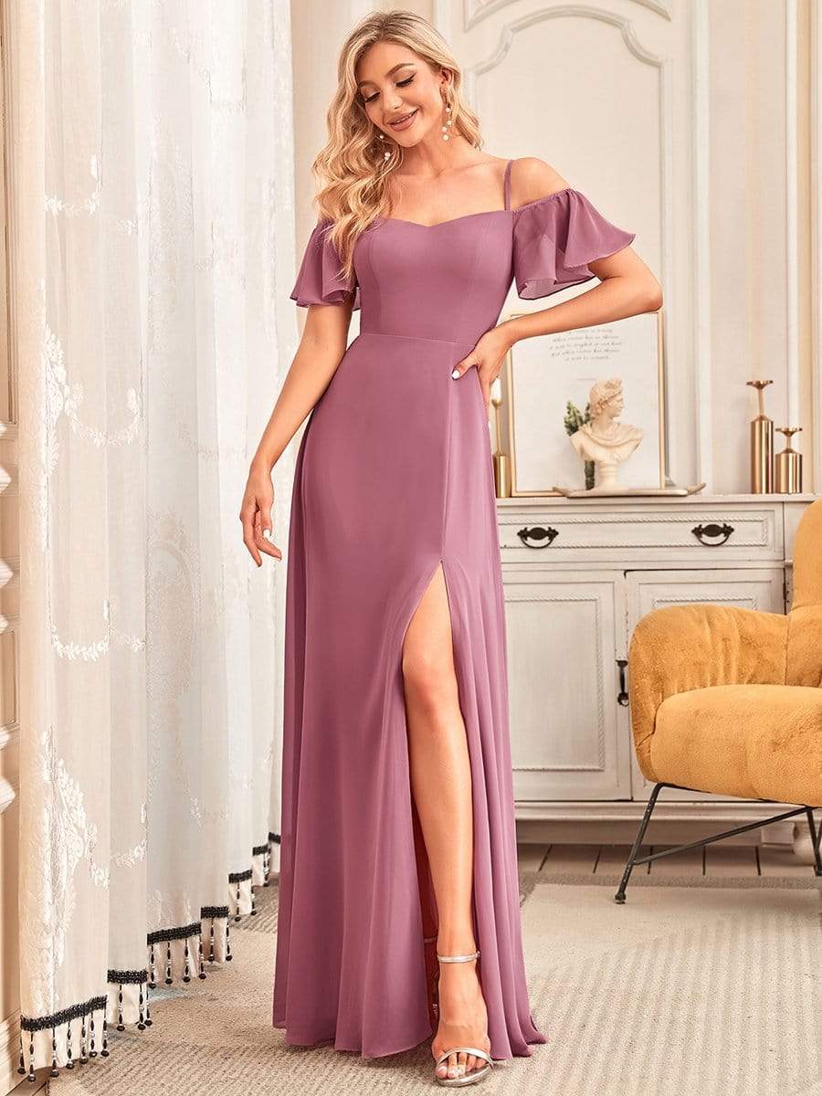 Stylish Cold-Shoulder Split Floor Length Wedding Guest Dress #color_Purple Orchid