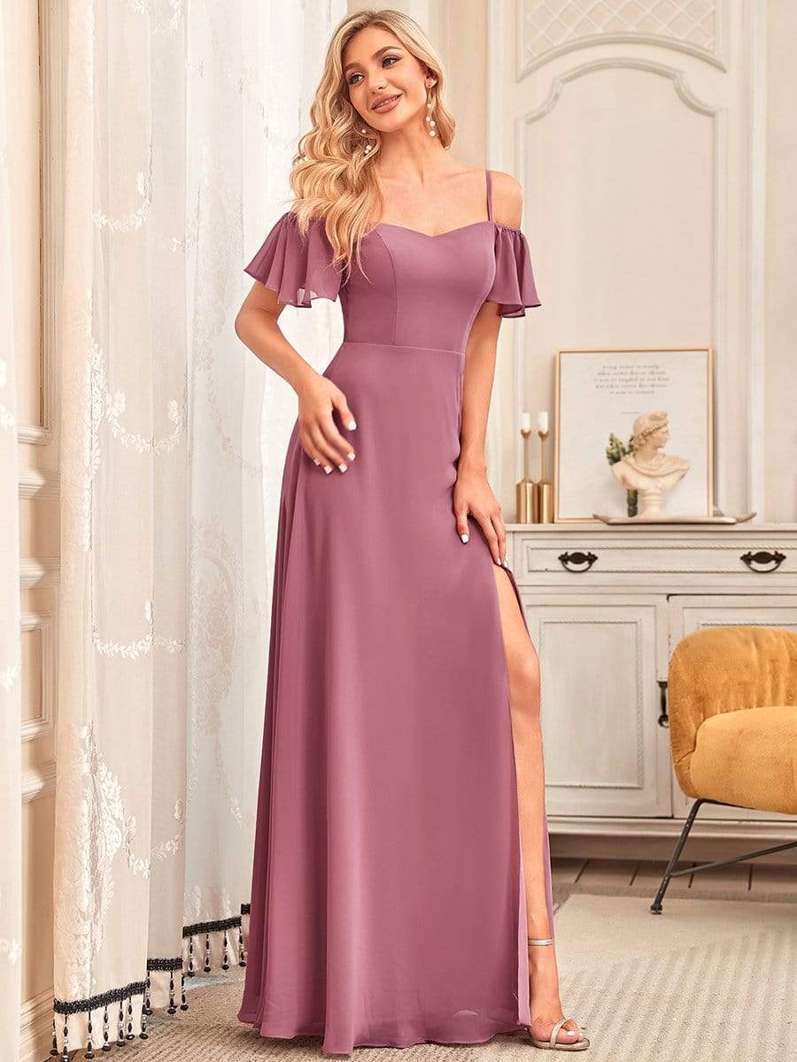 Stylish Cold-Shoulder Split Floor Length Wedding Guest Dress #color_Purple Orchid