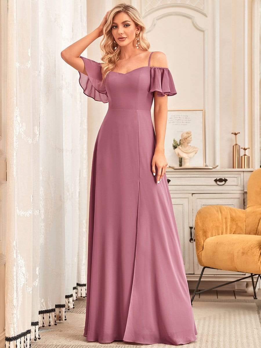 Custom Size Cold-Shoulder Floor Length Bridesmaid Dress with Side Slit #color_Purple Orchid