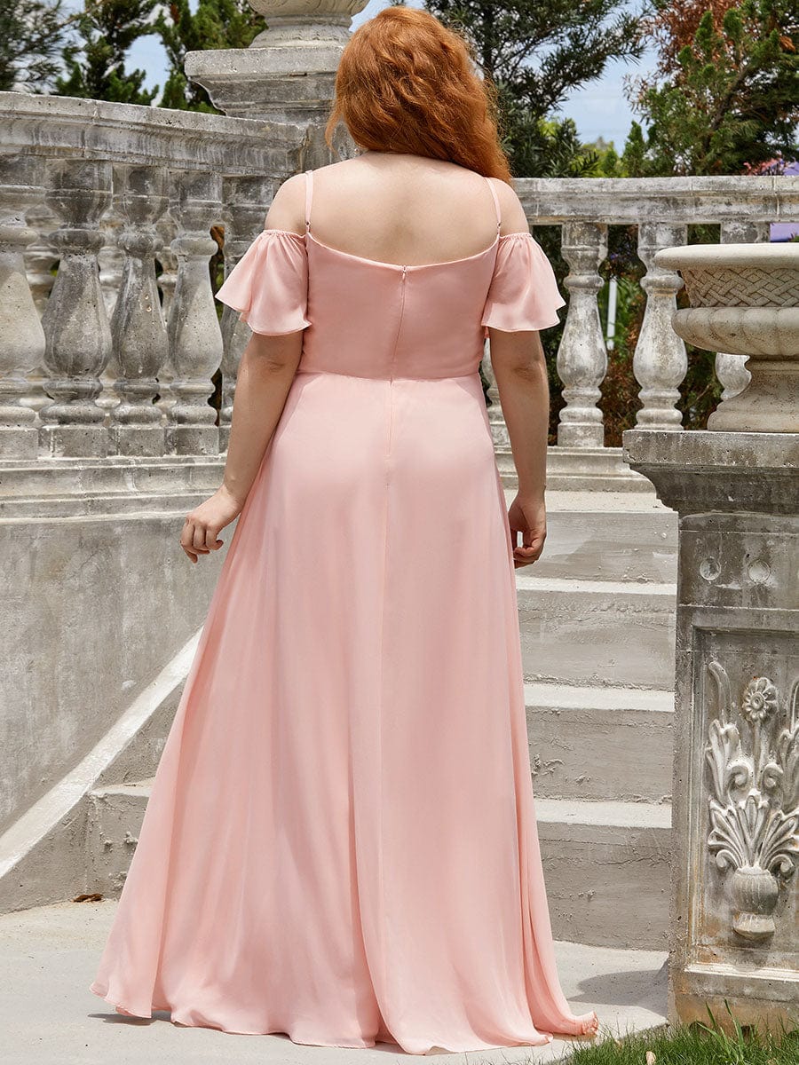 Stylish Cold-Shoulder Split Floor Length Wedding Guest Dress #color_Pink