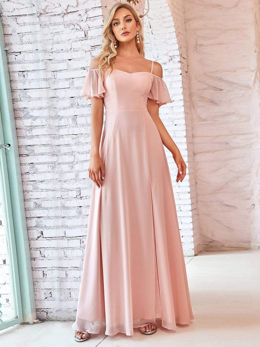 Stylish Cold-Shoulder Split Floor Length Wedding Guest Dress #color_Pink