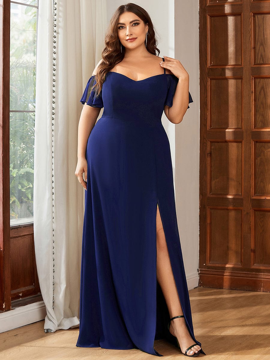 Custom Size Cold-Shoulder Floor Length Bridesmaid Dress with Side Slit #color_Royal Blue