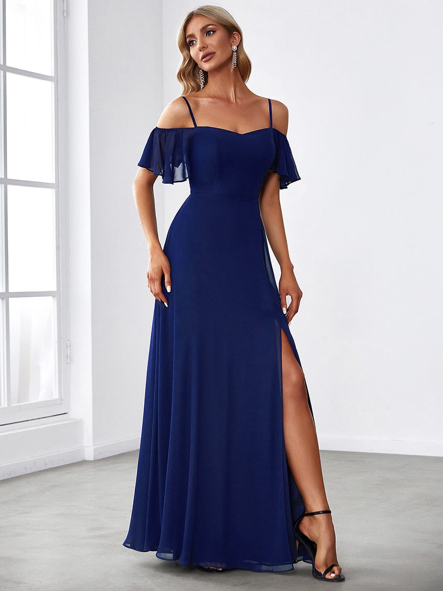 Custom Size Cold-Shoulder Floor Length Bridesmaid Dress with Side Slit #color_Royal Blue