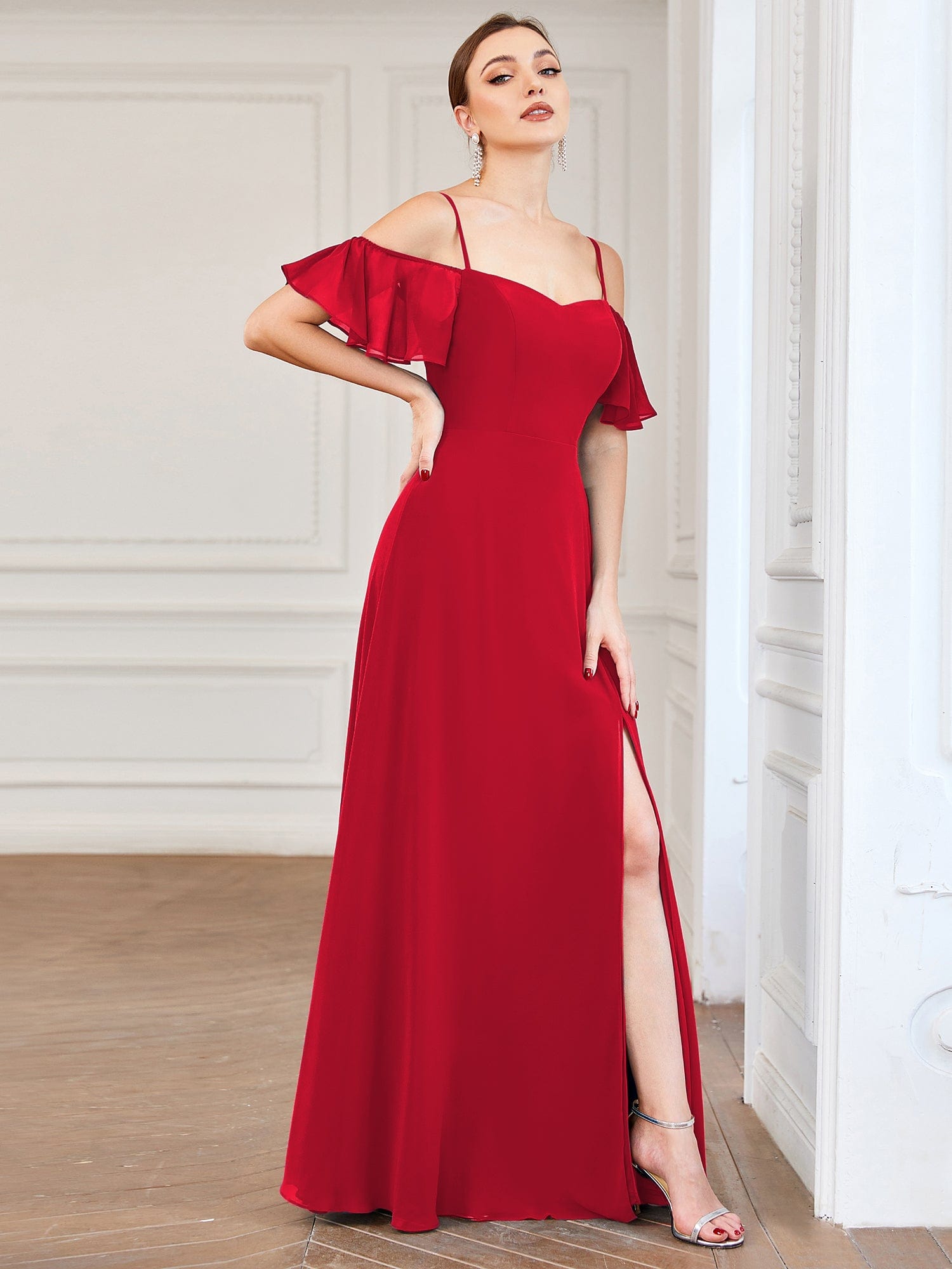 Custom Size Cold-Shoulder Floor Length Bridesmaid Dress with Side Slit #color_Red