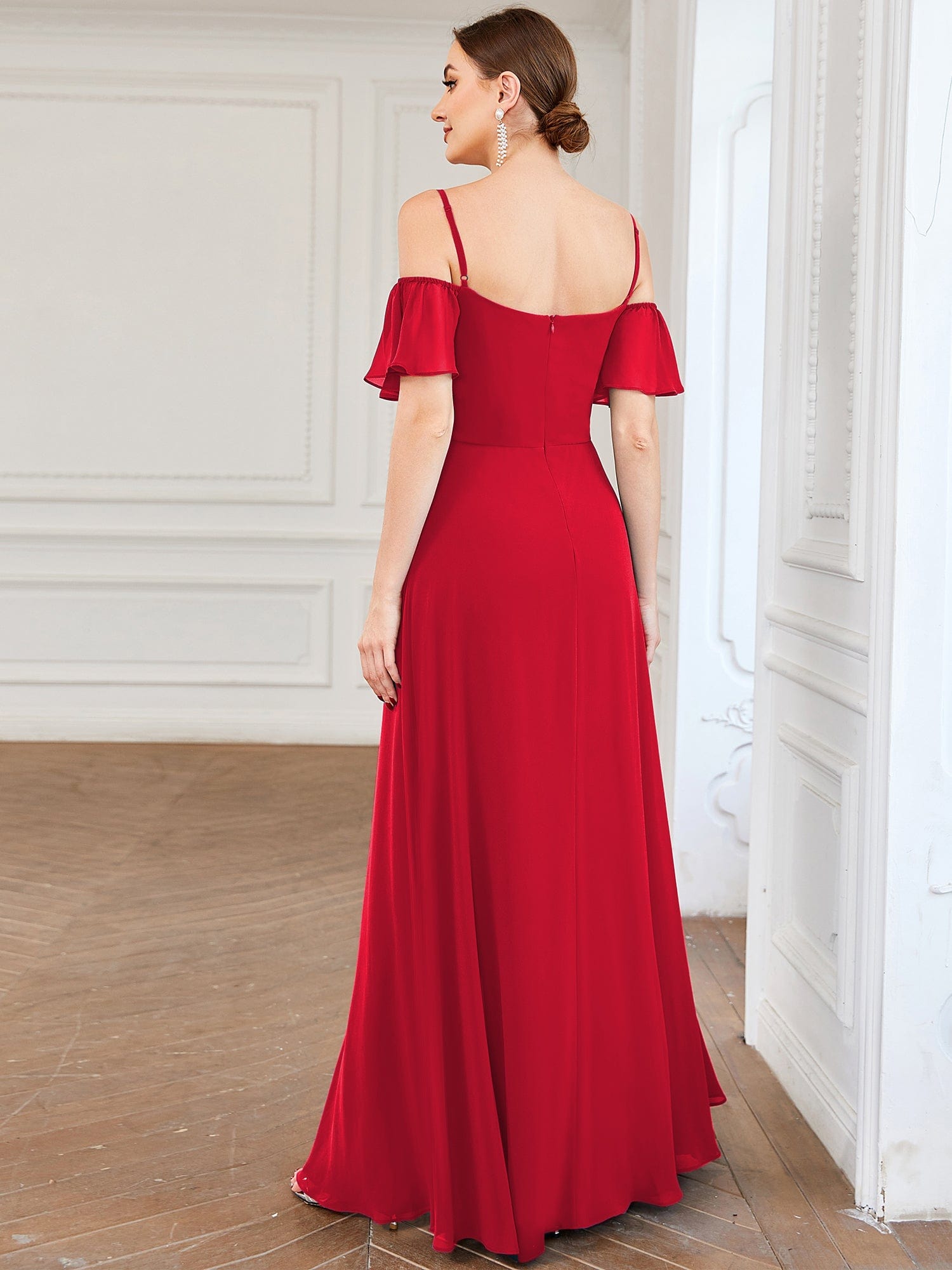 Custom Size Cold-Shoulder Floor Length Bridesmaid Dress with Side Slit #color_Red