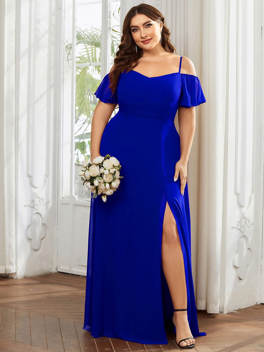 Custom Size Cold-Shoulder Floor Length Bridesmaid Dress with Side Slit #color_Sapphire Blue