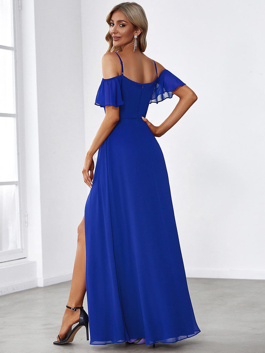 Custom Size Cold-Shoulder Floor Length Bridesmaid Dress with Side Slit #color_Sapphire Blue