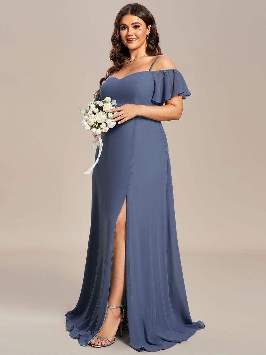 Custom Size Cold-Shoulder Floor Length Bridesmaid Dress with Side Slit #color_Stormy