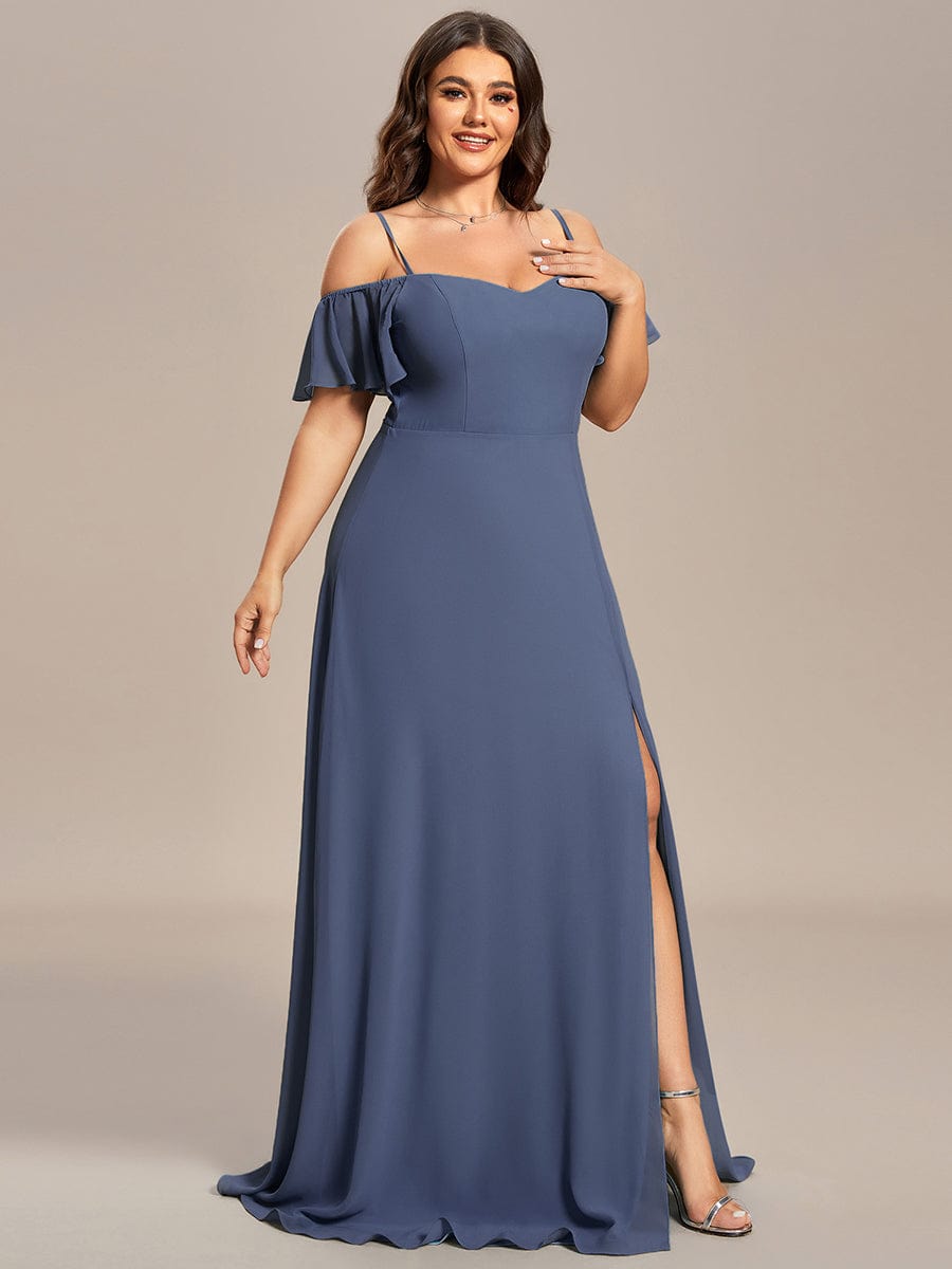 Custom Size Cold-Shoulder Floor Length Bridesmaid Dress with Side Slit #color_Stormy