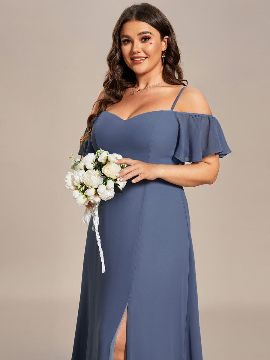 Custom Size Cold-Shoulder Floor Length Bridesmaid Dress with Side Slit #color_Stormy