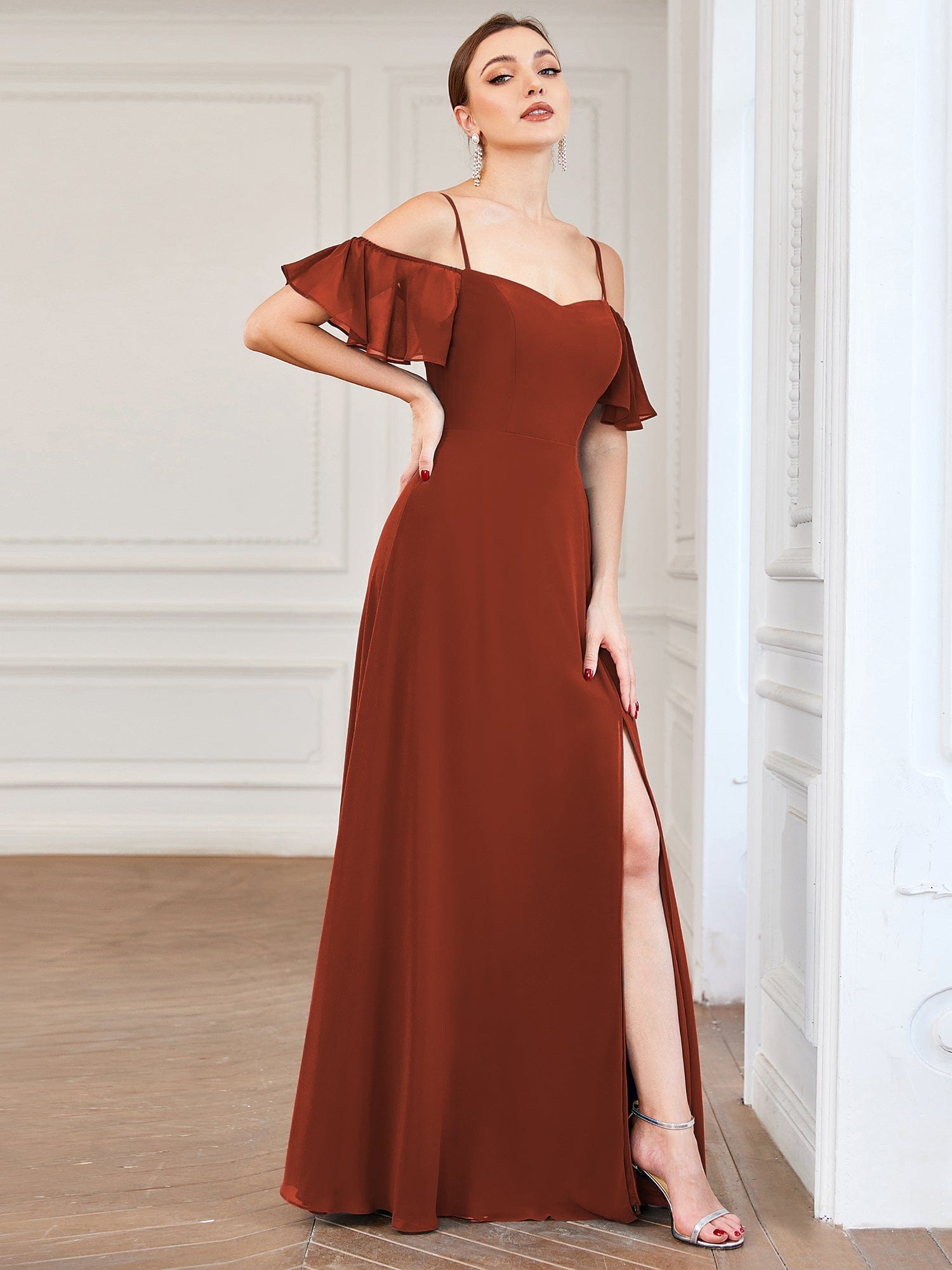 Custom Size Cold-Shoulder Floor Length Bridesmaid Dress with Side Slit #color_Vermilion