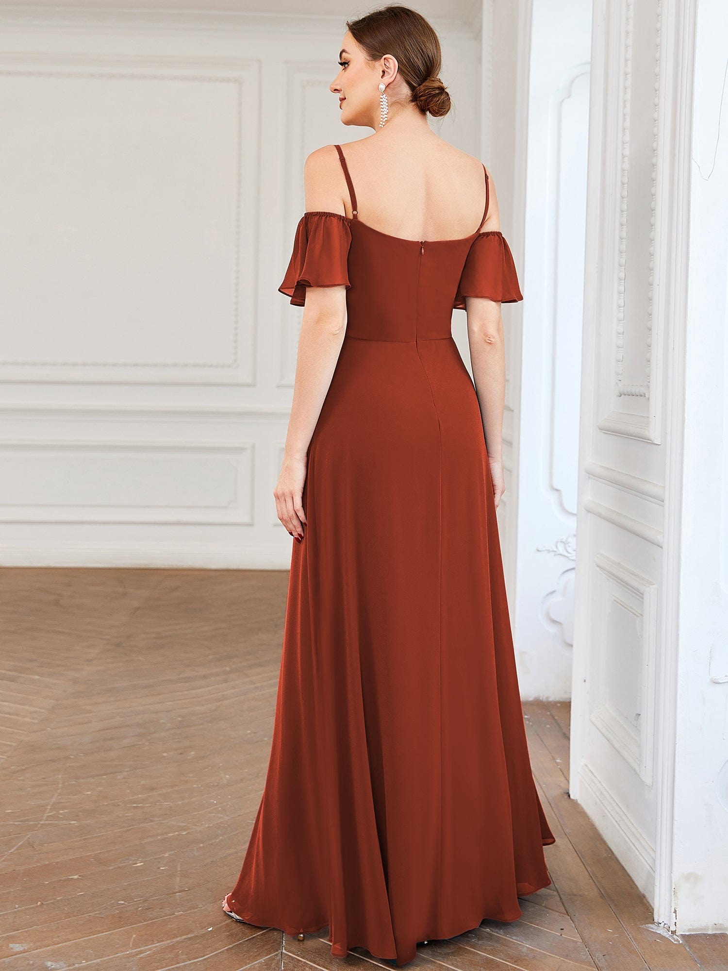 Custom Size Cold-Shoulder Floor Length Bridesmaid Dress with Side Slit #color_Vermilion