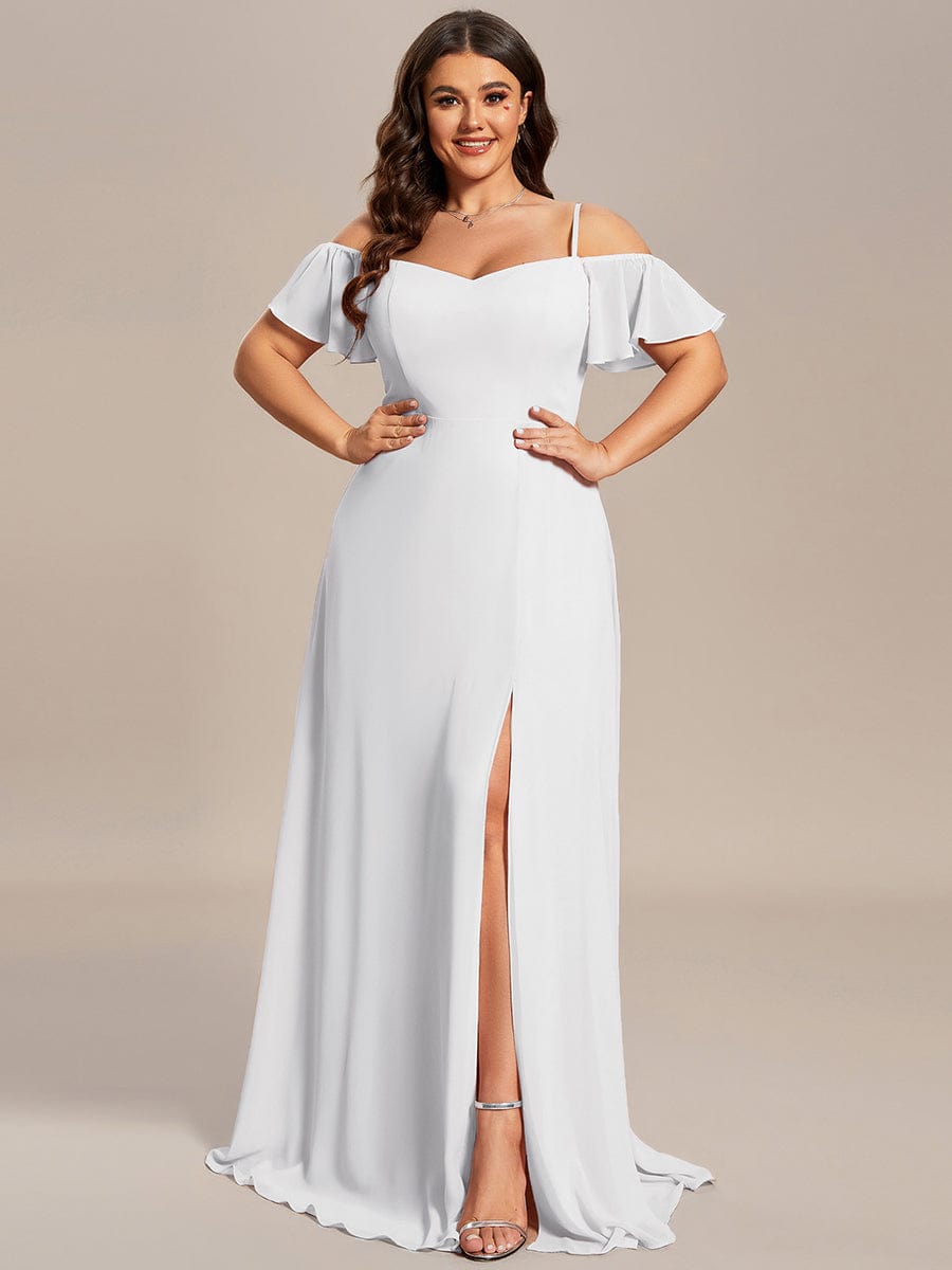 Custom Size Cold-Shoulder Floor Length Bridesmaid Dress with Side Slit #color_White