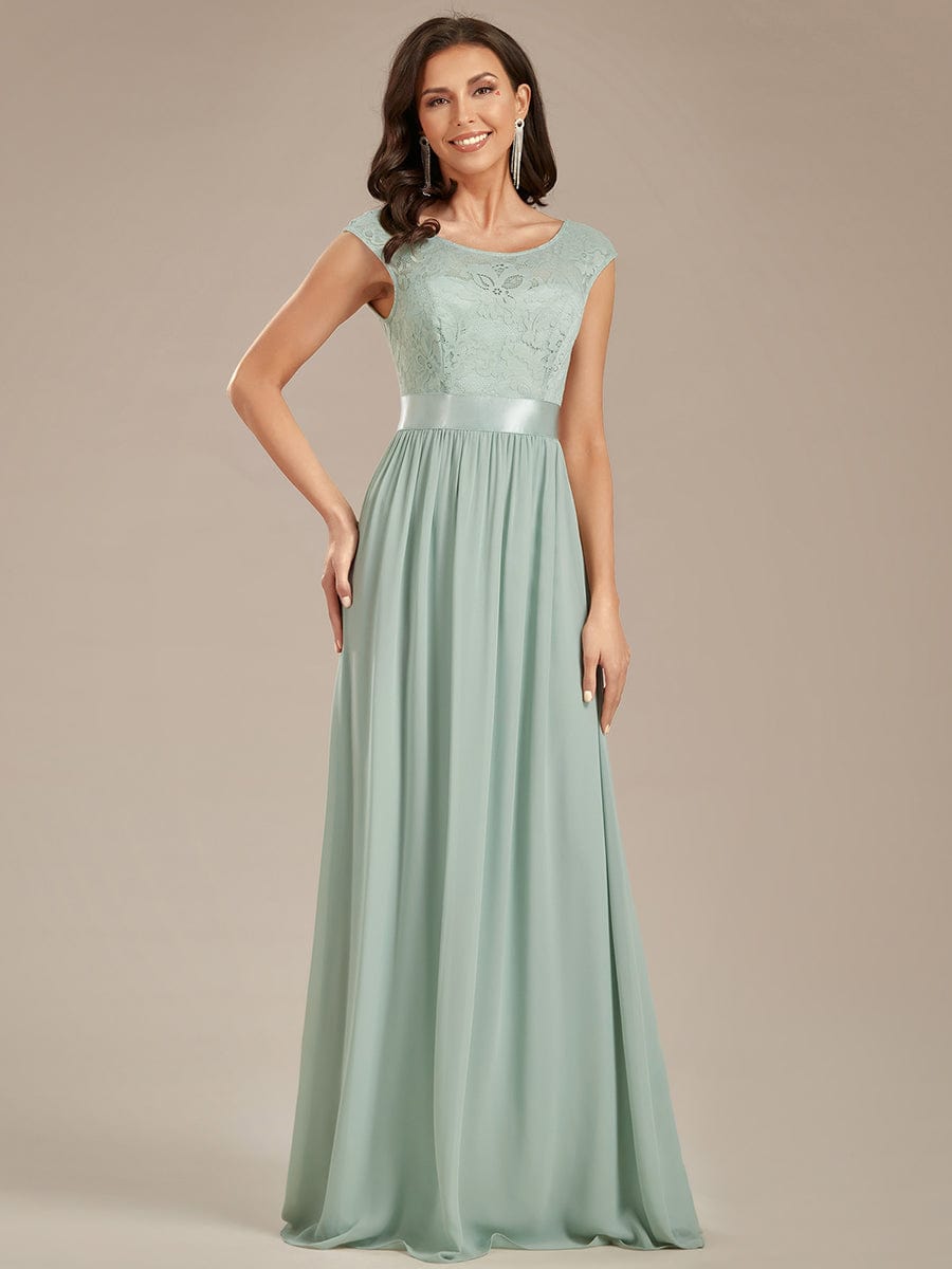 Classic Round Neck V Back Lace Bodice Bridesmaid Dress #color_Mint Green