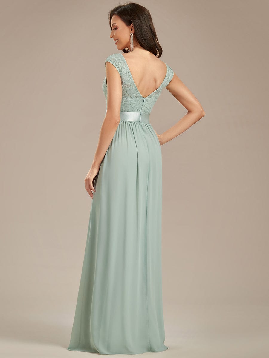 Classic Round Neck V Back Lace Bodice Bridesmaid Dress #color_Mint Green