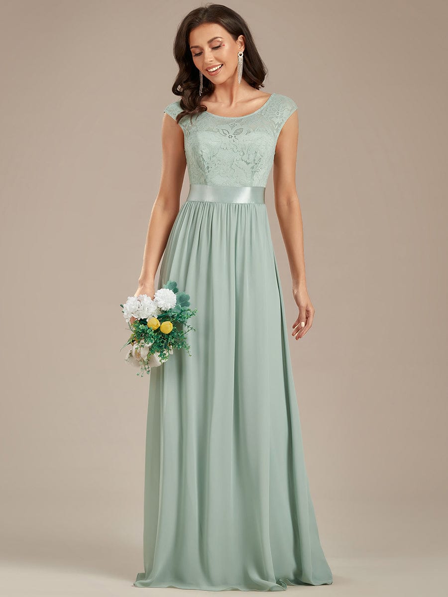 Classic Round Neck V Back Lace Bodice Bridesmaid Dress #color_Mint Green