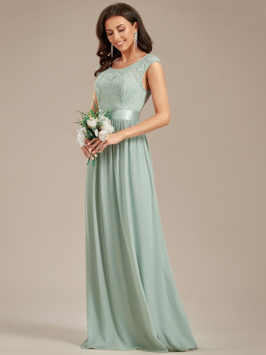 Classic Round Neck V Back Lace Bodice Bridesmaid Dress #color_Mint Green