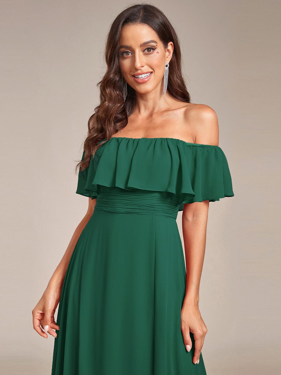 Plain Off Shoulder Chiffon Wedding Dress with Side Split #color_Dark Green
