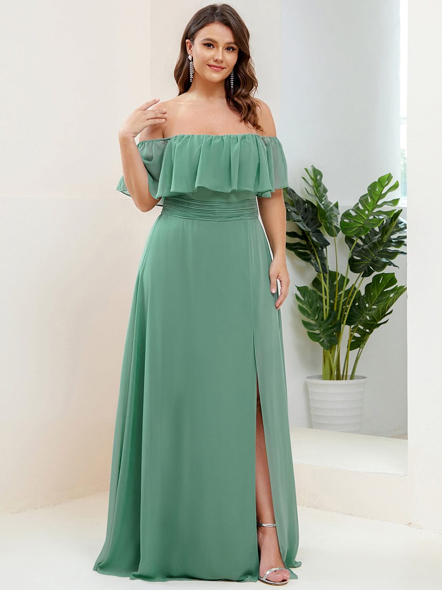 Women's Off-The-Shoulder Ruffle Thigh Split Plus Size Bridesmaid Dress #color_Green Bean