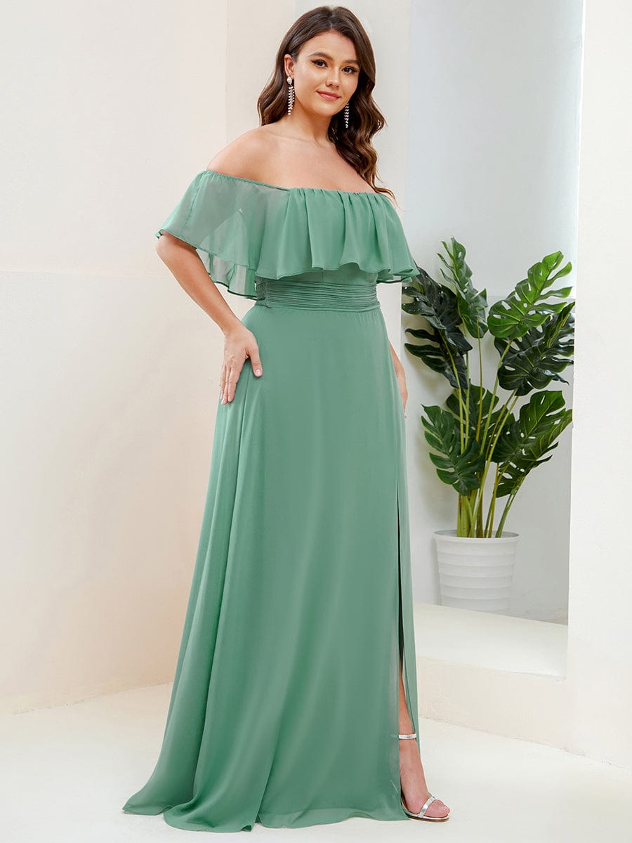 Women's Off-The-Shoulder Ruffle Thigh Split Plus Size Bridesmaid Dress #color_Green Bean