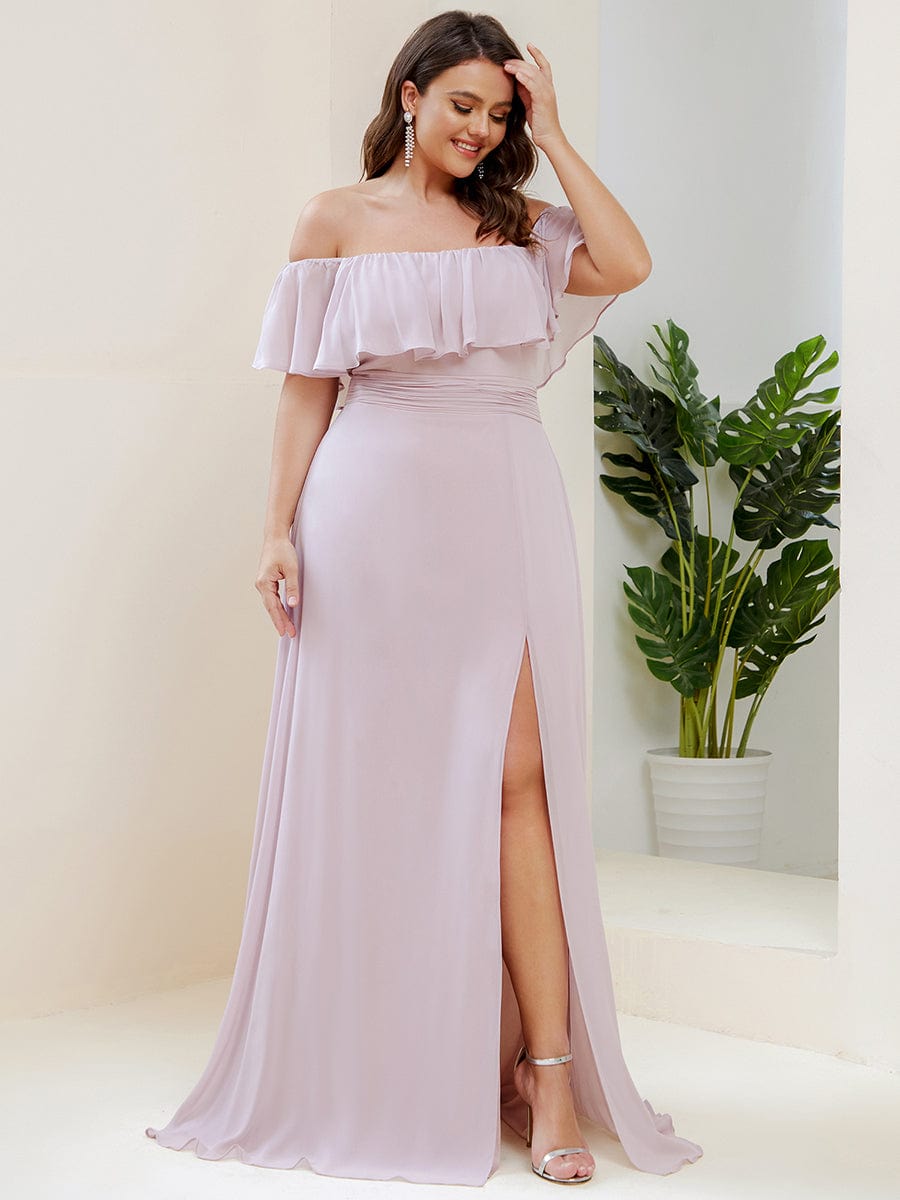 Women's Off-The-Shoulder Ruffle Thigh Split Plus Size Bridesmaid Dress #color_Lilac