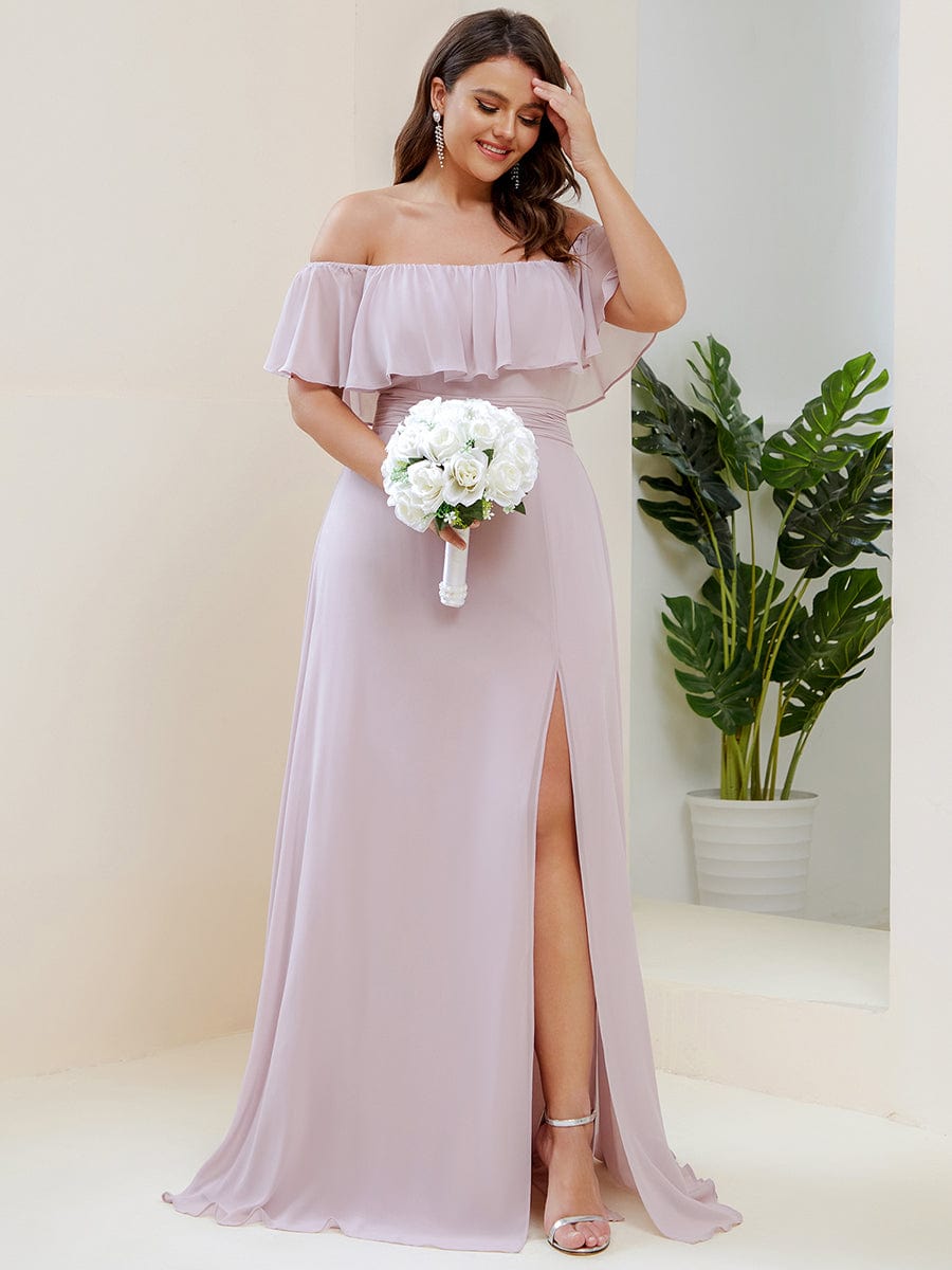 Women's Off-The-Shoulder Ruffle Thigh Split Plus Size Bridesmaid Dress #color_Lilac