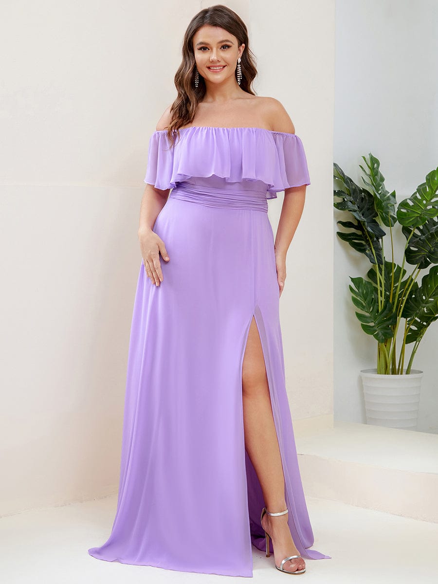 Women's Off-The-Shoulder Ruffle Thigh Split Plus Size Bridesmaid Dress #color_Lavender