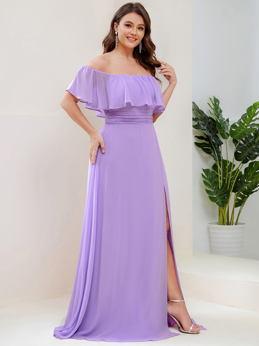 Women's Off-The-Shoulder Ruffle Thigh Split Plus Size Bridesmaid Dress #color_Lavender