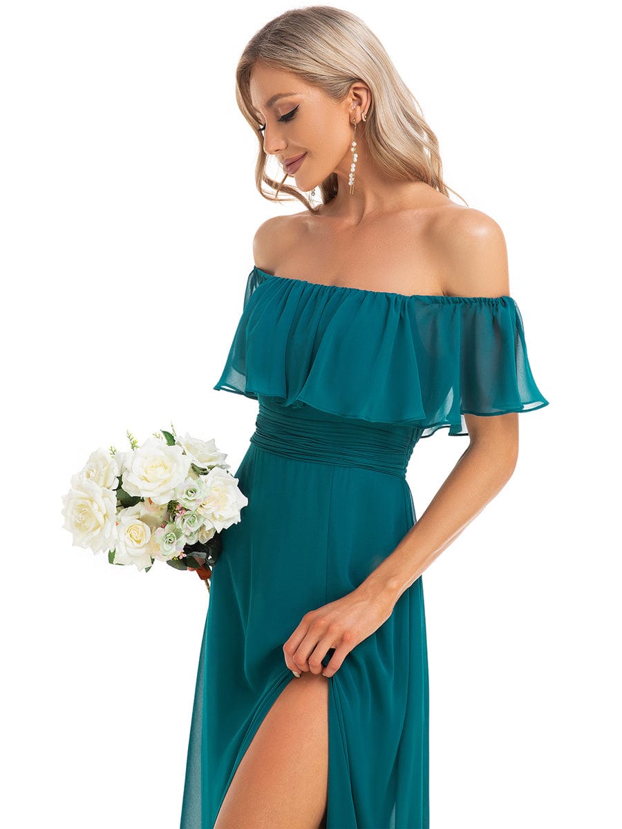 Off The Shoulder Bridesmaid Dresses Side Split Maxi #color_Teal