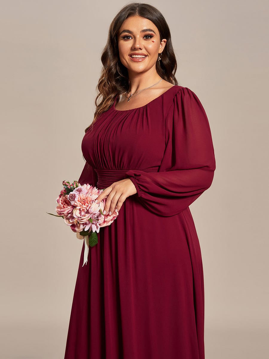 Plus Size Sheer Long Sleeve Pleated Floor Length Bridesmaid Dress #color_Burgundy