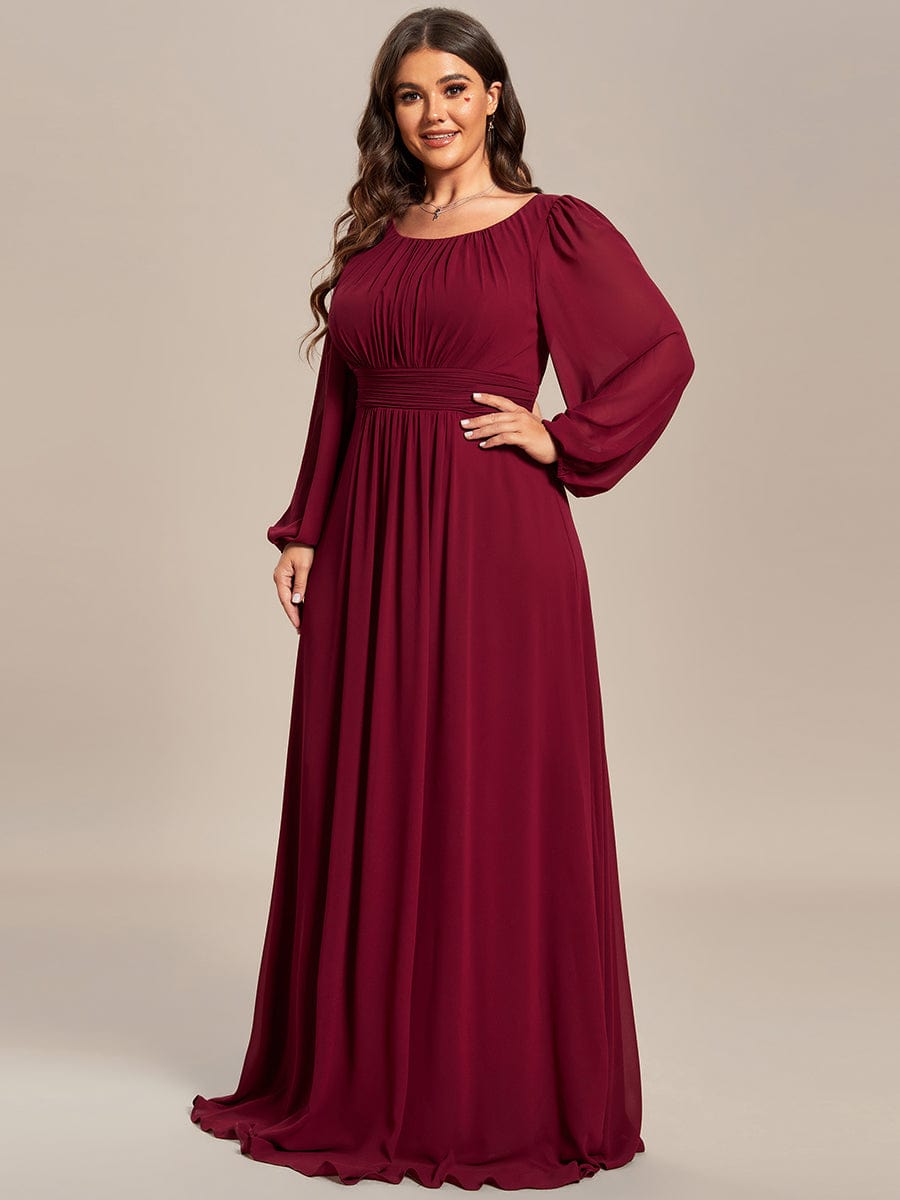 Plus Size Sheer Long Sleeve Pleated Floor Length Bridesmaid Dress #color_Burgundy