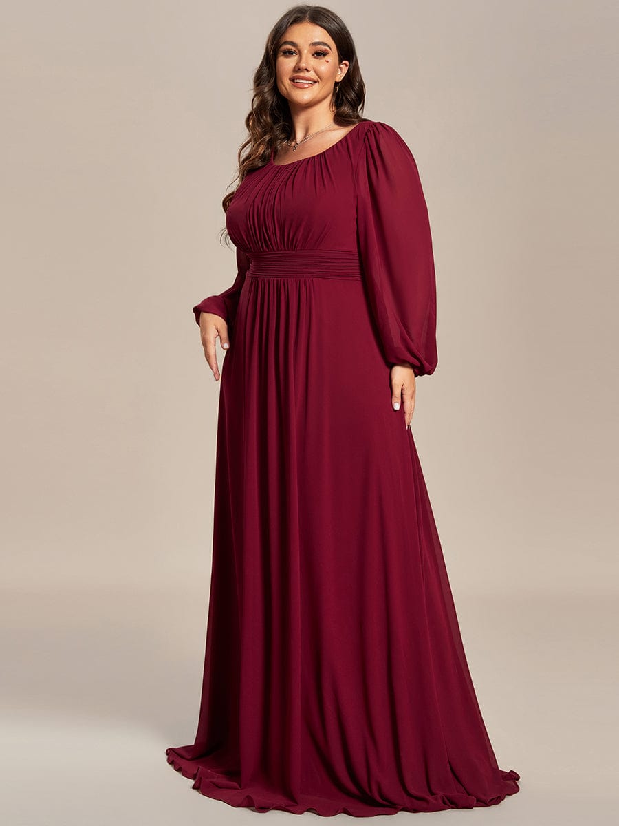 Plus Size Sheer Long Sleeve Pleated Floor Length Bridesmaid Dress #color_Burgundy