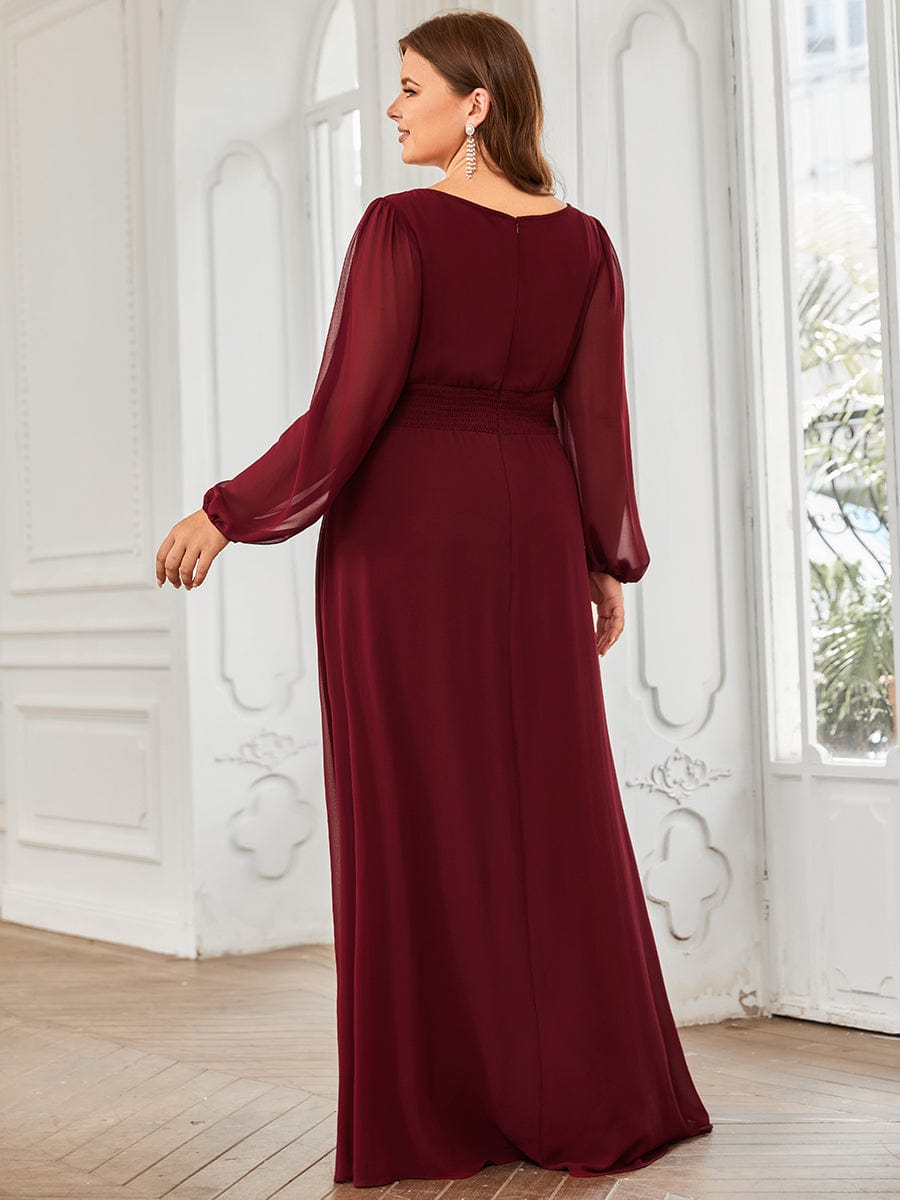 Chiffon Long Sleeve Pleated Floor Length Bridesmaid Dress #color_Burgundy