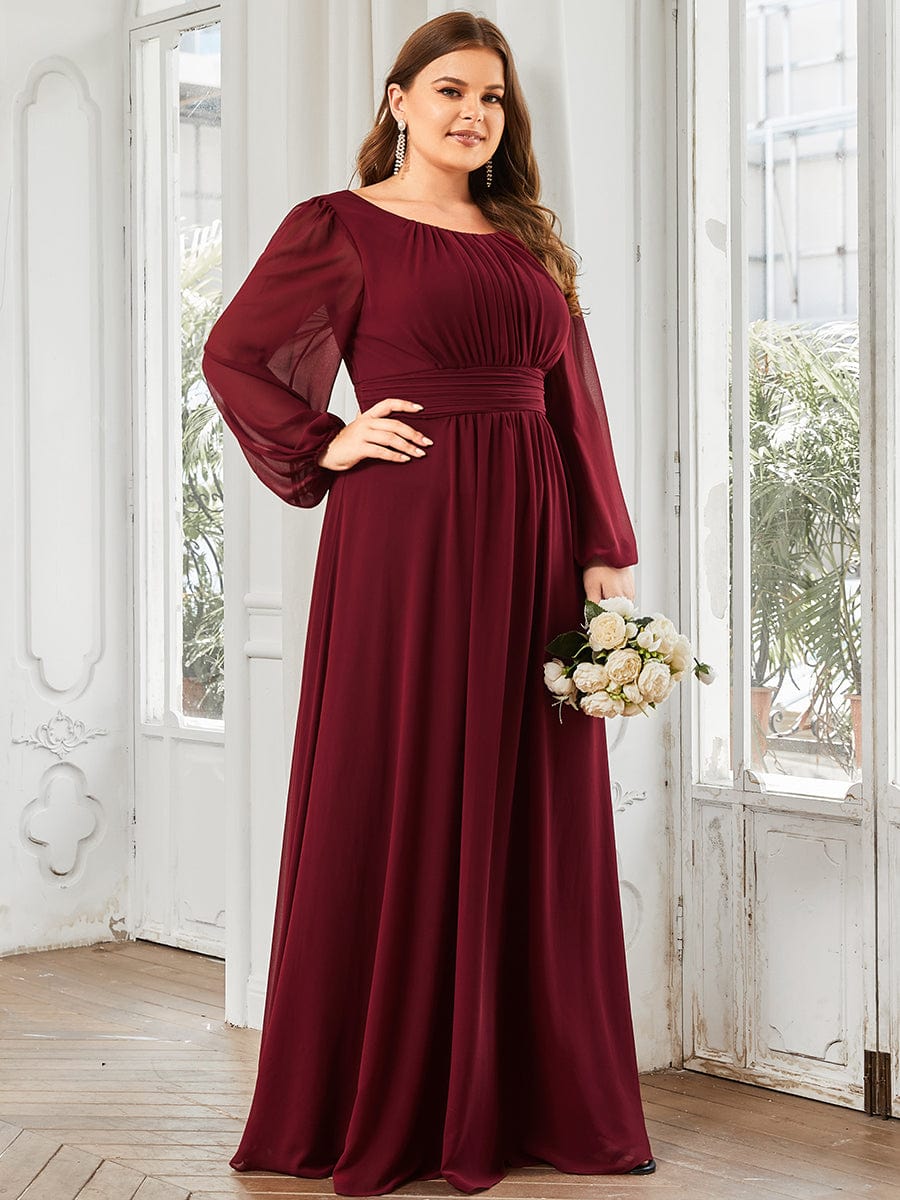 Plus Size Sheer Long Sleeve Pleated Floor Length Bridesmaid Dress #color_Burgundy