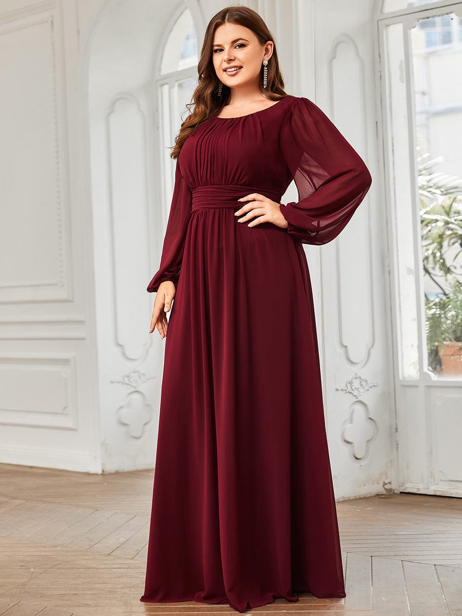 Plus Size Sheer Long Sleeve Pleated Floor Length Bridesmaid Dress #color_Burgundy