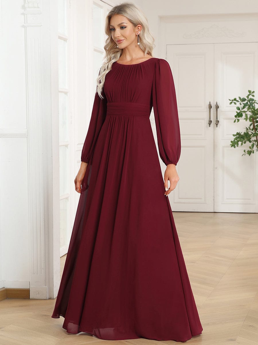 Chiffon Long Sleeve Pleated Floor Length Bridesmaid Dress #color_Burgundy