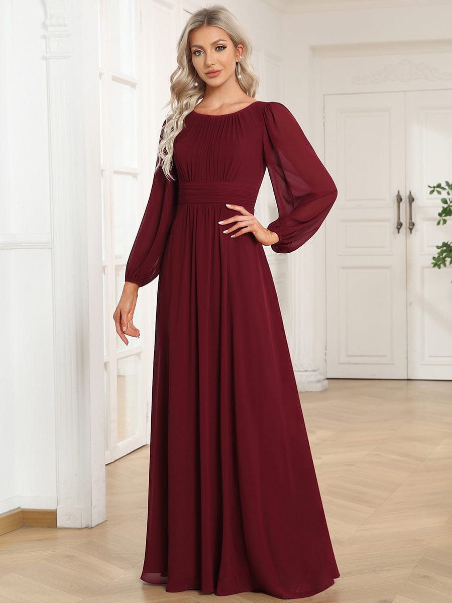 Chiffon Long Sleeve Pleated Floor Length Bridesmaid Dress #color_Burgundy