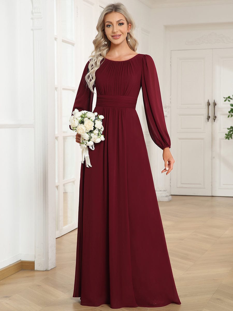 Chiffon Long Sleeve Pleated Floor Length Bridesmaid Dress #color_Burgundy