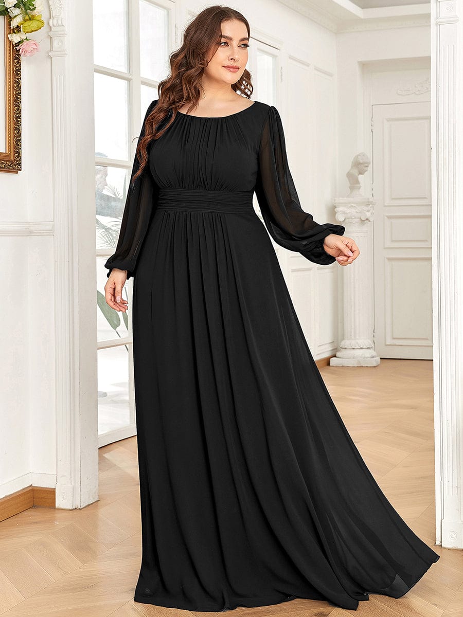 Chiffon Long Sleeve Pleated Floor Length Bridesmaid Dress #color_Black