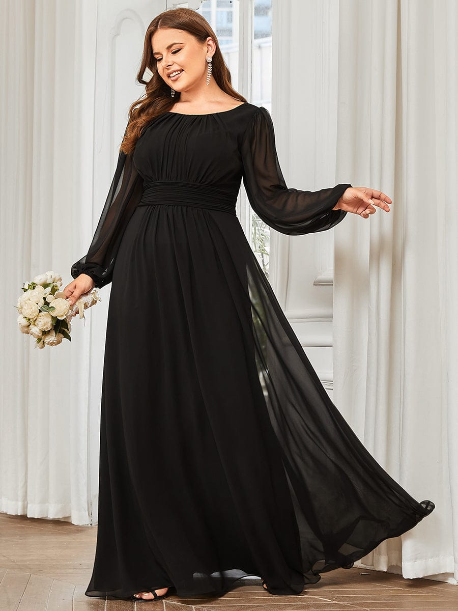 Plus Size Sheer Long Sleeve Pleated Floor Length Bridesmaid Dress