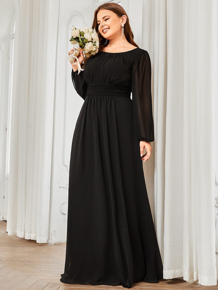 Plus Size Sheer Long Sleeve Pleated Floor Length Bridesmaid Dress #color_Black