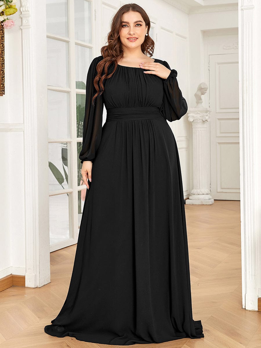 Chiffon Long Sleeve Pleated Floor Length Bridesmaid Dress #color_Black