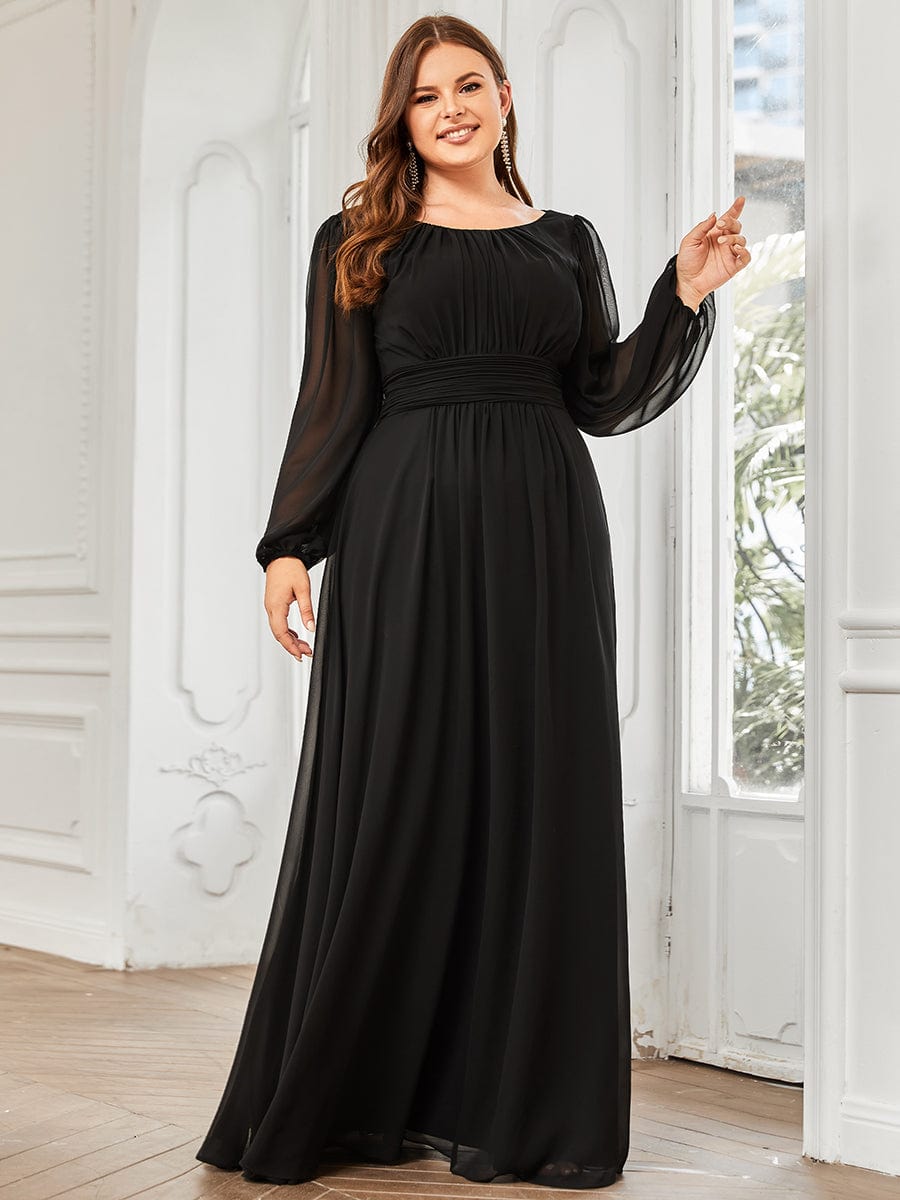 Plus Size Sheer Long Sleeve Pleated Floor Length Bridesmaid Dress #color_Black