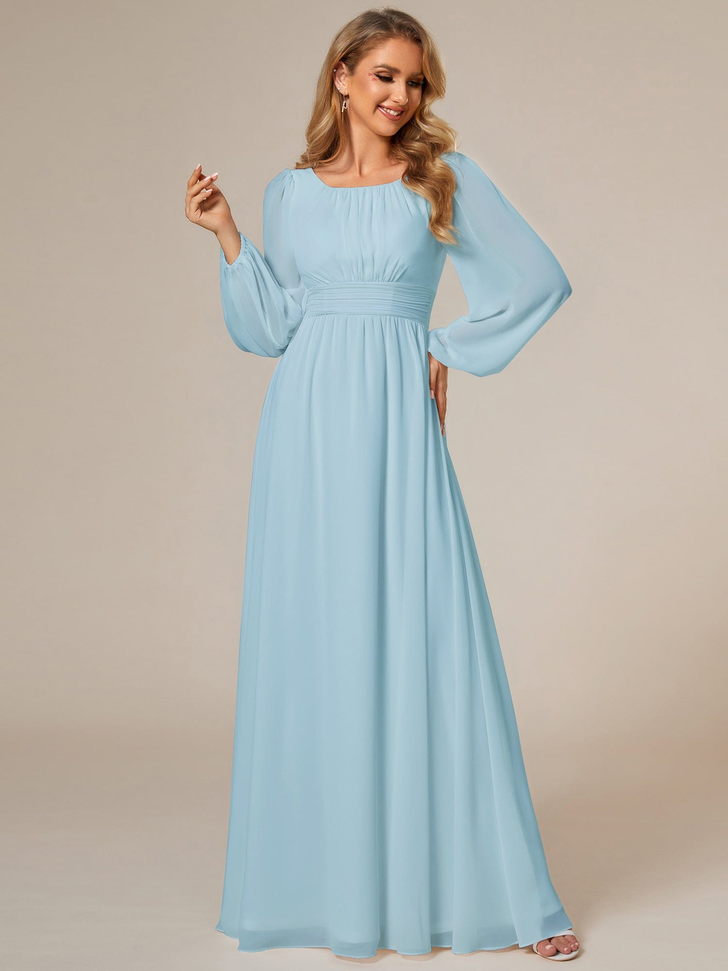 Custom Size See-Througth Puff Sleeve Chiffon Bridesmaid Dress #color_Sky Blue