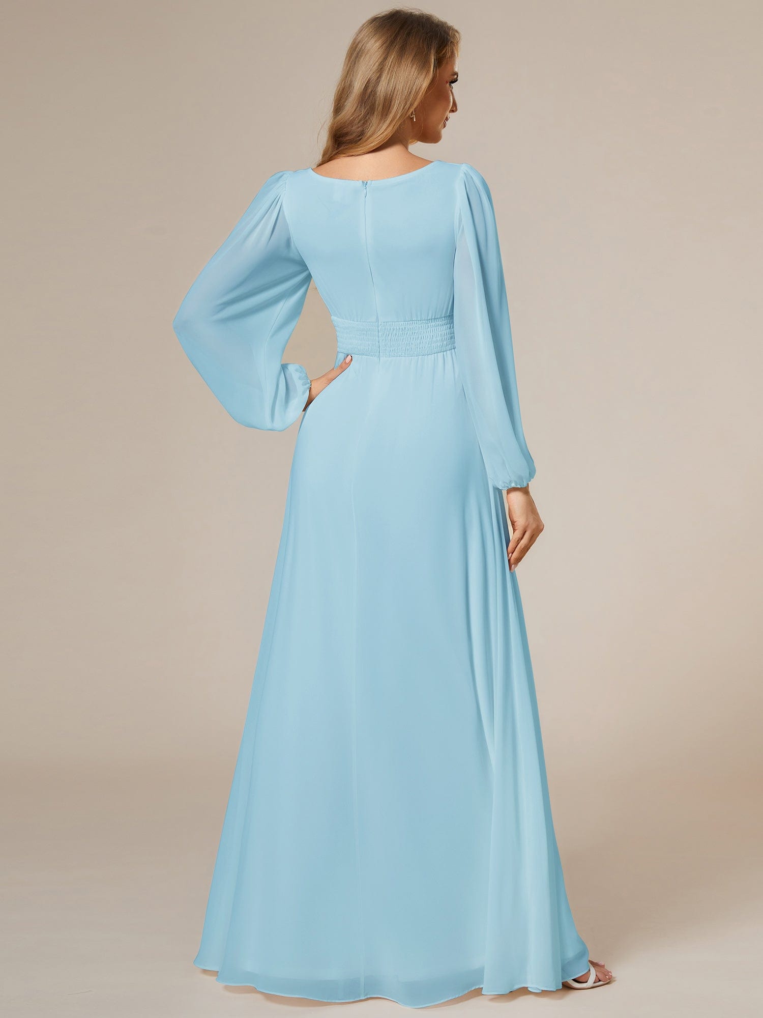 Custom Size See-Througth Puff Sleeve Chiffon Bridesmaid Dress #color_Sky Blue